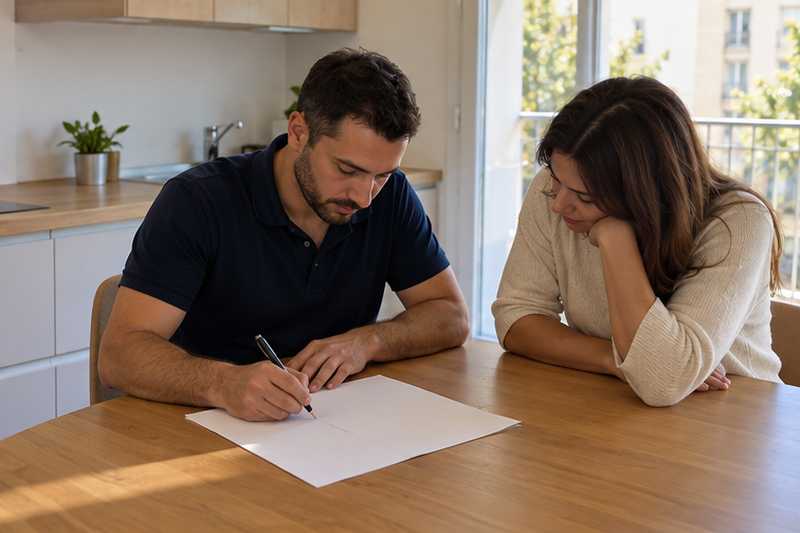 Conseiller traçant un planning sur papier avec une cliente en cuisine