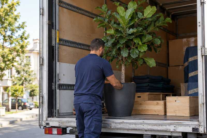 Plante en pot et caisses de vin calées au fond du camion