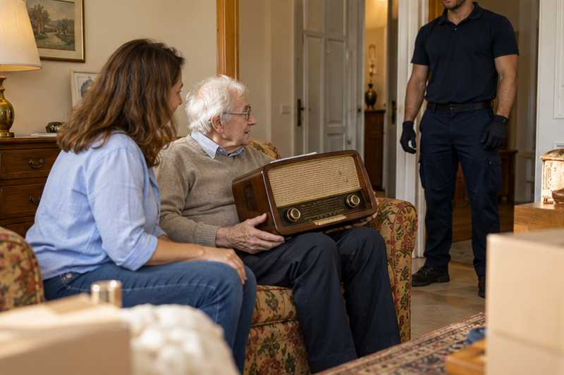 Monsieur âgé tenant son vieux poste de radio, sa fille à ses côtés