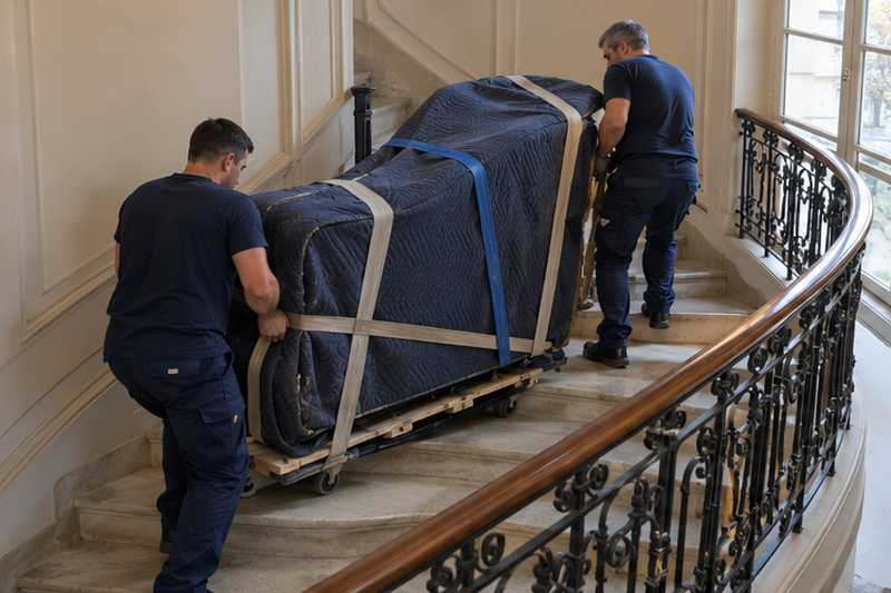 Caisse du piano quart de queue couchée sur sa luge, pieds déposés
