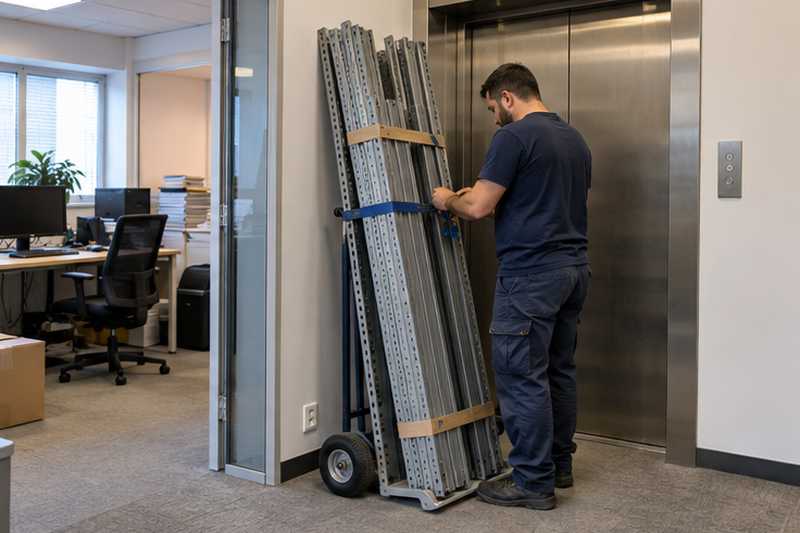 Montants des rayonnages métalliques liés par paires devant l'ascenseur