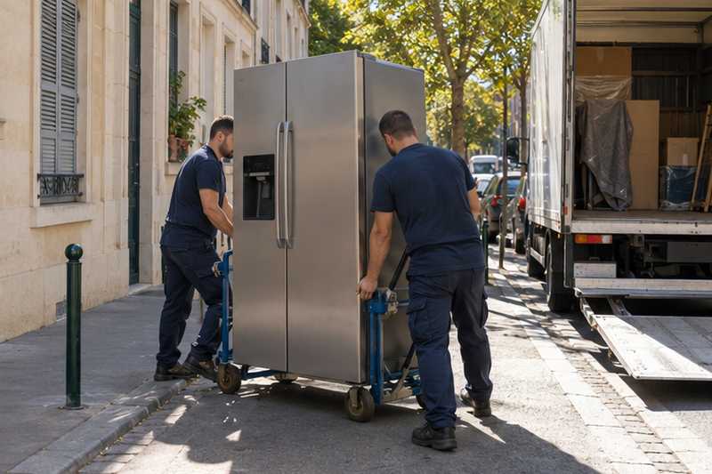 Réfrigérateur américain gardé debout sur un diable jusqu'au camion