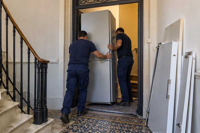 Réfrigérateur combiné sans ses portes, sorti de profil par la porte palière