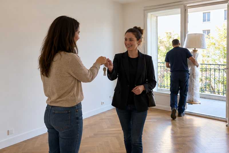 Remise des clés dans un salon vide pendant que l'équipe termine