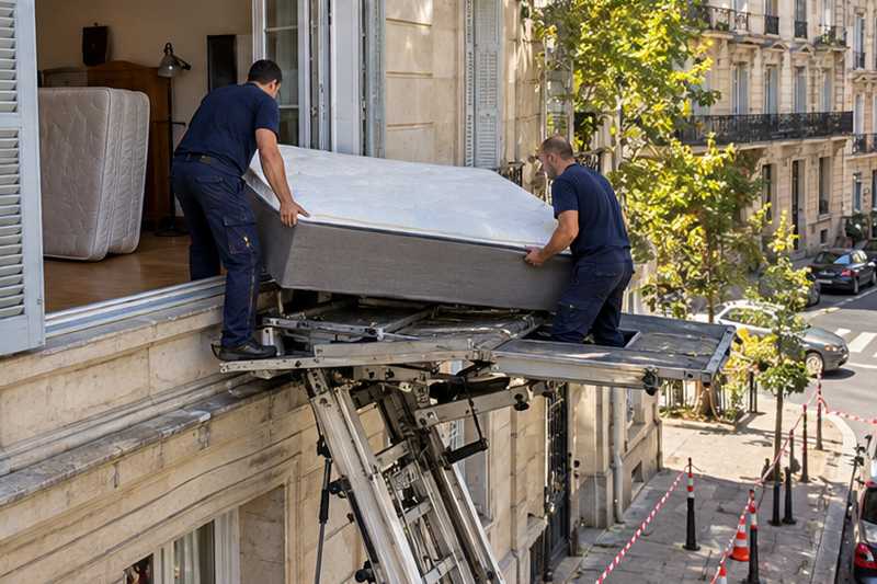 Sommier tapissier glissé par la fenêtre du séjour sur la plateforme