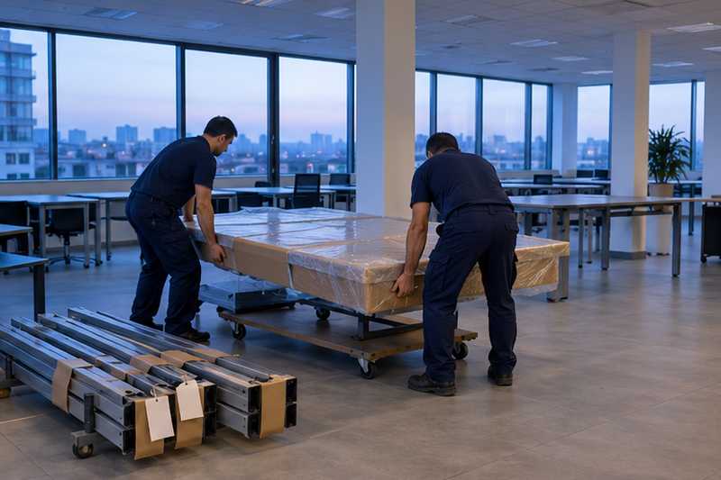 Plateau et piètement de la table de réunion prêts au départ, au petit matin