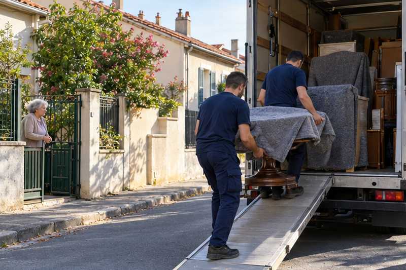 Table ronde emballée chargée devant une rangée de petites maisons