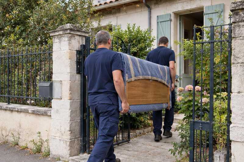 Deux équipiers passant une tête de lit emballée par un petit portail
