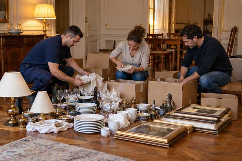 Conseiller et couple répartissant des objets en trois groupes au sol