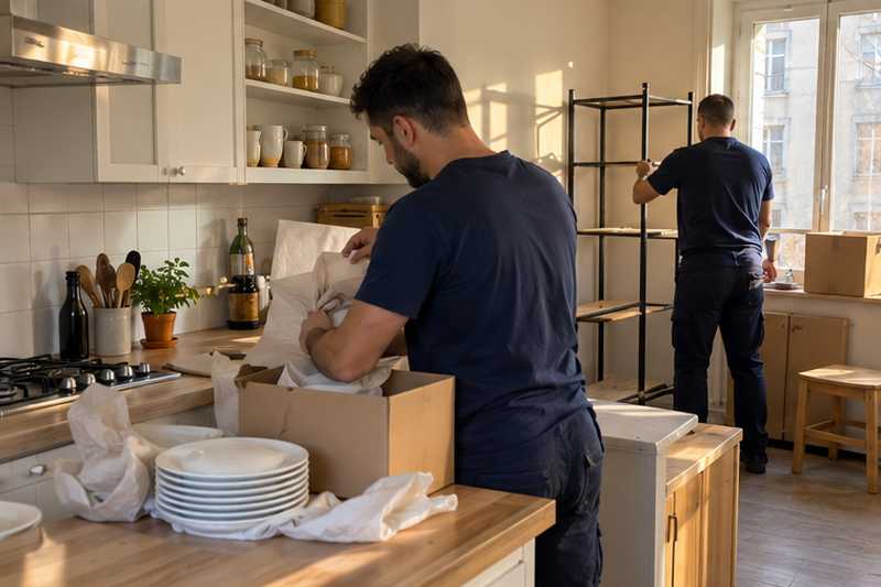 Vaisselle de cuisine emballée en cartons pendant le démontage du logement