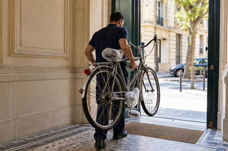 Équipier sortant un vélo aux pédales protégées du hall d'immeuble