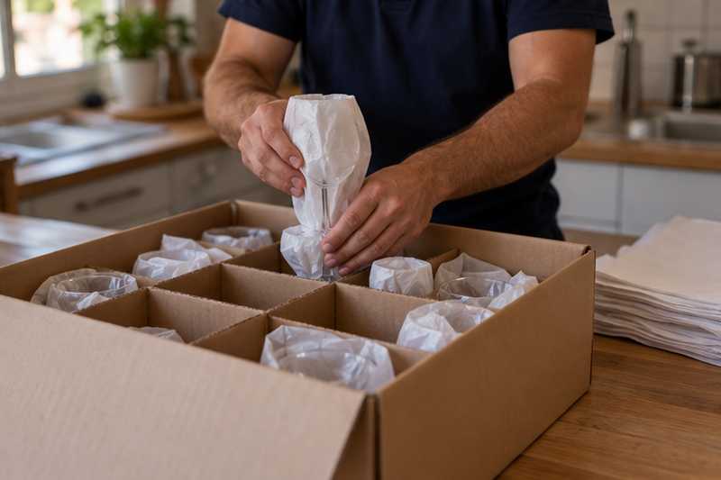 Verres à pied emballés rangés dans un carton à croisillons