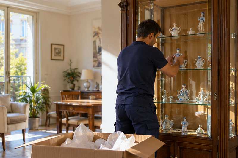 Vitrine regarnie de bibelots à l'arrivée, cartons repérés à côté
