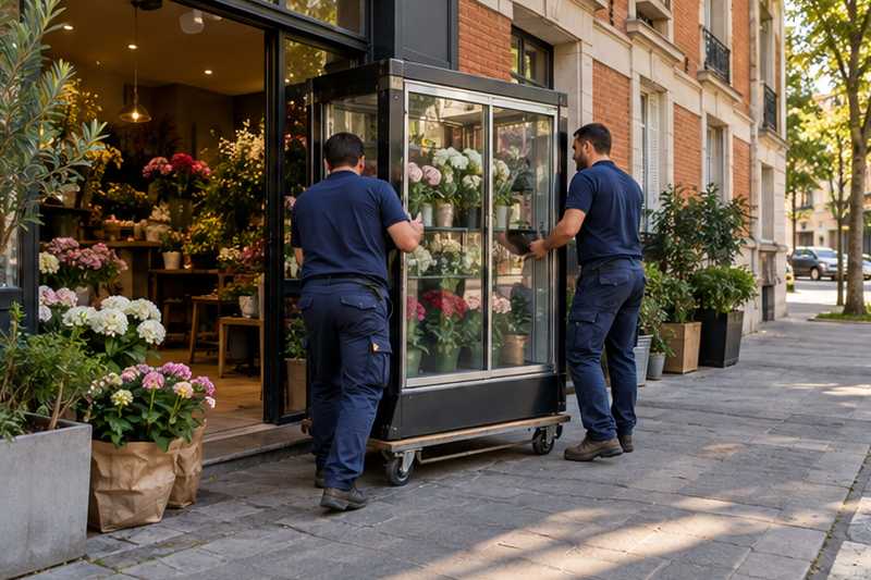 Vitrine réfrigérée de fleuriste roulée sur un plateau par deux équipiers